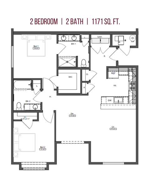 Floor plan for 2 beds, 2 baths, 1367 sqft